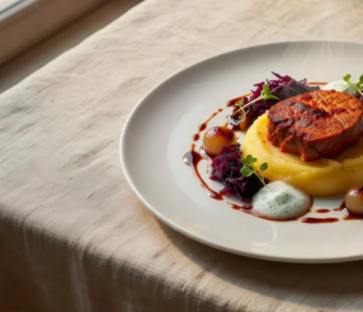 Séf által alkotott gourmet étel elegáns tálalásban