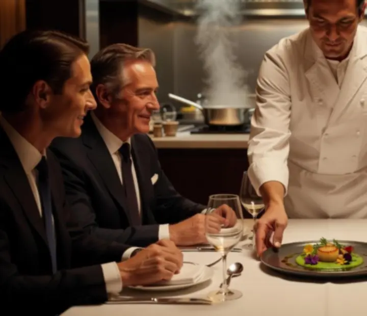 Közeli kép Chef's Table élményről, művészien tálalt fogásokkal és elegáns terítéssel.