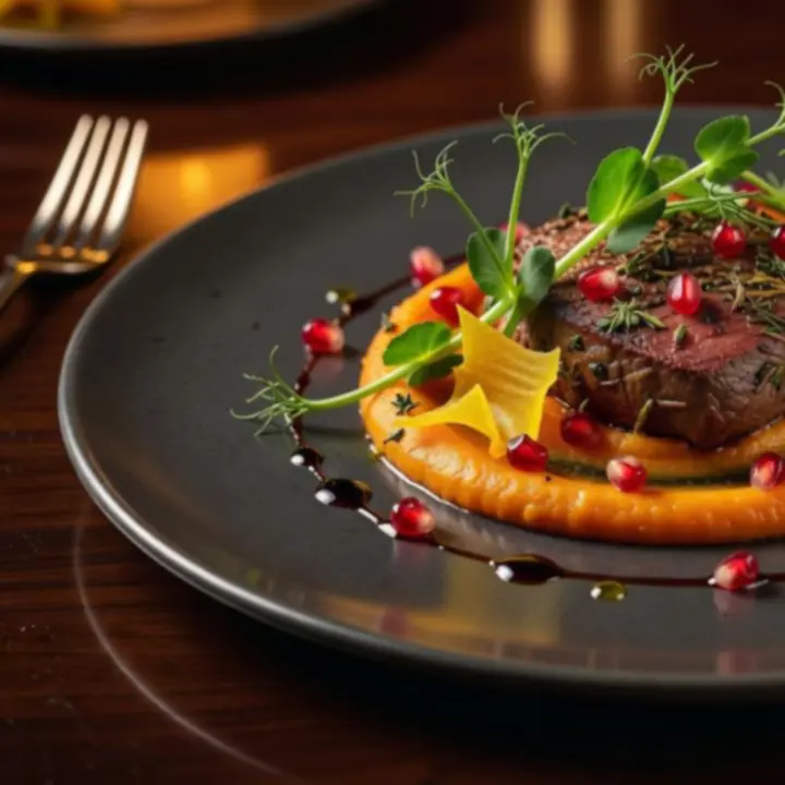 Fine dining fogás művészi tálalással, elegáns porcelán tányéron.
