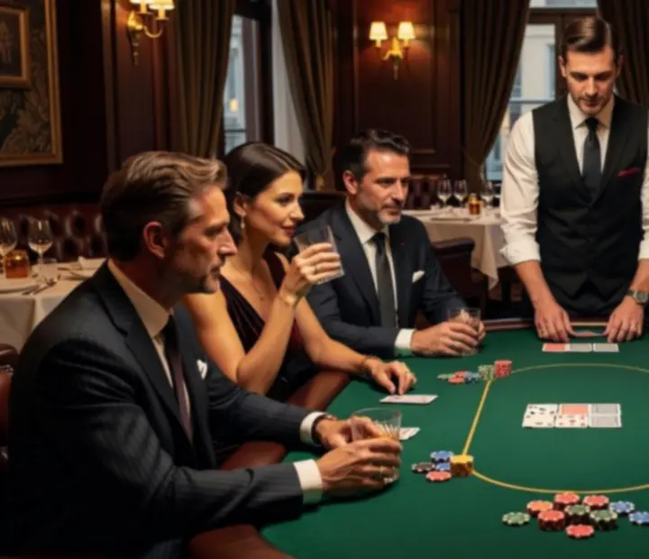 Stílusos pókerasztal prémium koktélokkal, gyertyafénnyel és elegánsan öltözött vendégekkel.