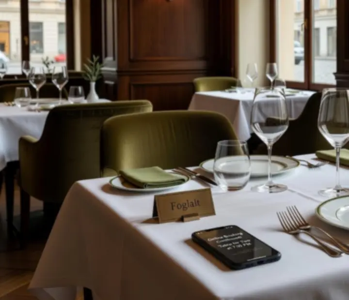 Elegáns, terített éttermi asztal gyertyával és borospoharakkal, foglalásra készen.