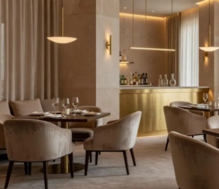 Modern, elegáns éttermi enteriőr gyertyafényes asztalokkal és champagne arany részletekkel.